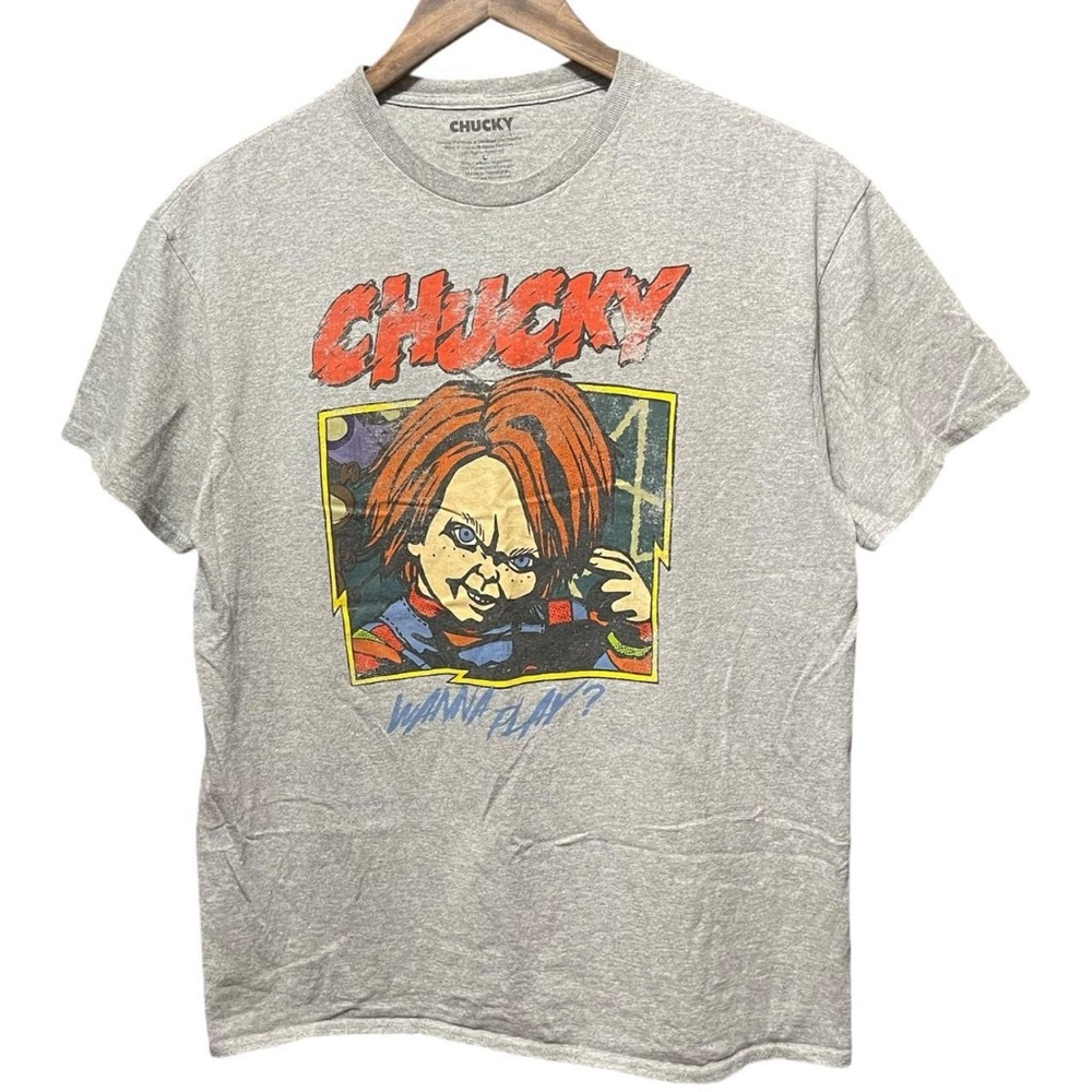 Gray child’s play Chucky graphic short sleeve horror Halloween movie promo shirt